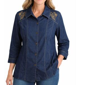 Susan Graver Style Denim Shirt Women’s Large Blue Gold Embroidery Western